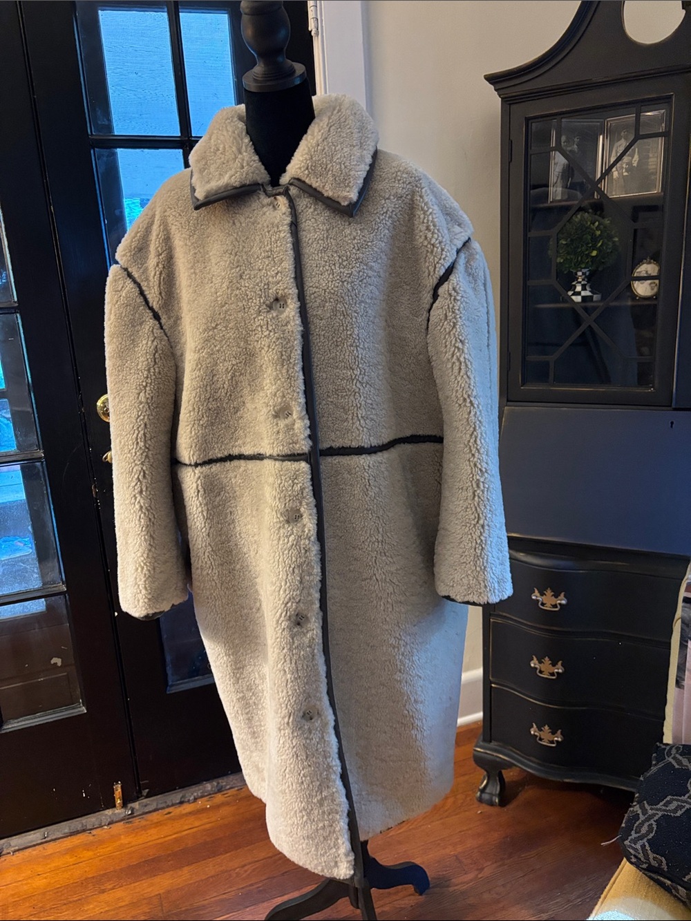 Reversible Womens Cream Sherpa Long Coat with Contrast Trim